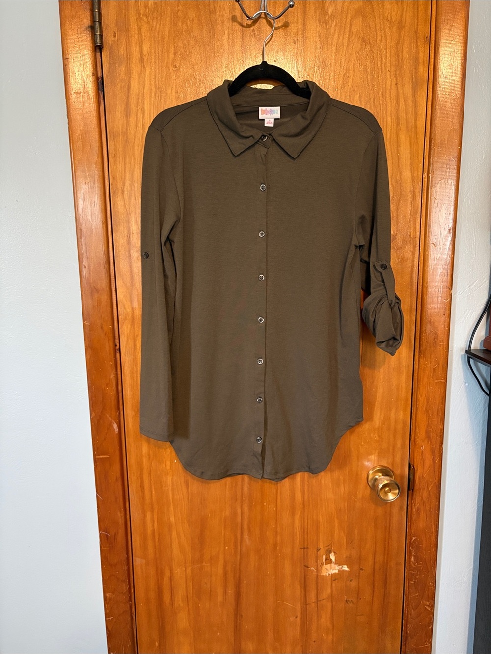 LuLaRoe Valentina Olive Button-Front Roll-Tab Shirt - Size S